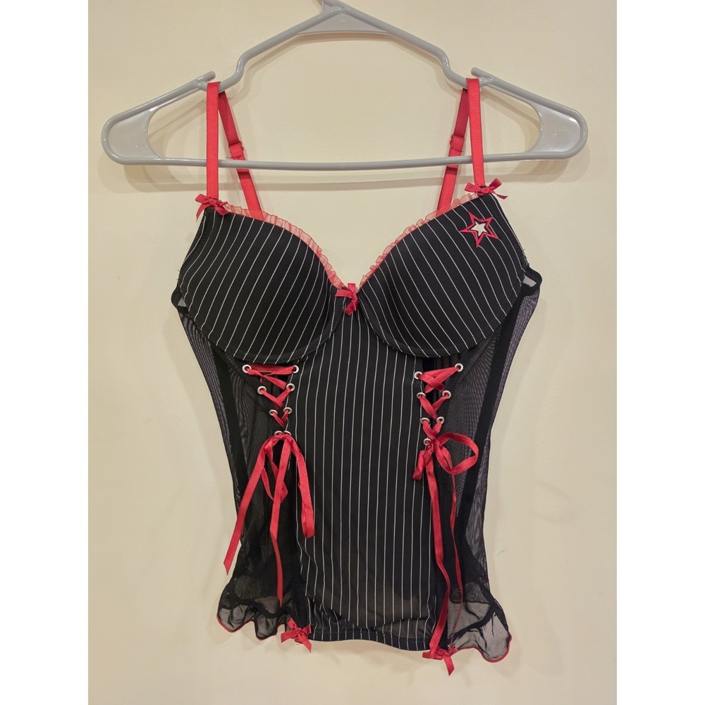 Vintage Y2K Morbid Threads Corset Cami Top 34B Pinstripe Emo Scene Bustier